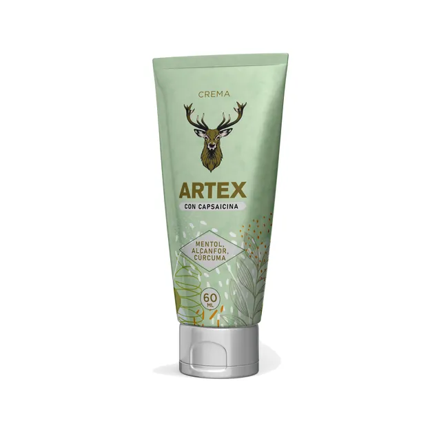 Envase de ARTEX: se lee «CREMA», «CON CAPSAICINA», «MENTOL», «ALCANFOR», «CÚRCUMA», «60 ML»
