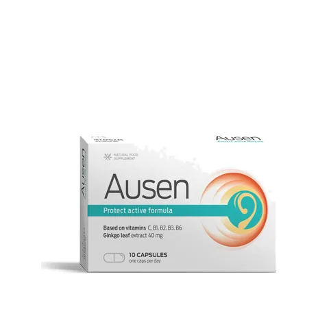 Toote Ausen pakend: sellel on kirjas „Based on vitamins C, B1, B2, B3, B6“, „Ginkgo leaf extract 40 mg“, „10 CAPSULES“