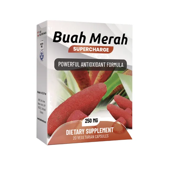 Buah merah packaging: it reads “250 MG”, “DIETARY SUPPLEMENT”, “20 VEGETARIAN CAPSULES”