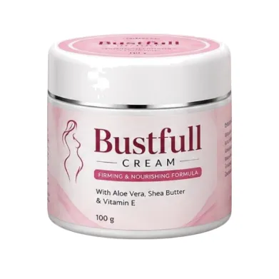 Bustfull packaging: it reads “CREAM”, “Aloe Vera”, “Shea Butter”, “Vitamin E”, “100 g”