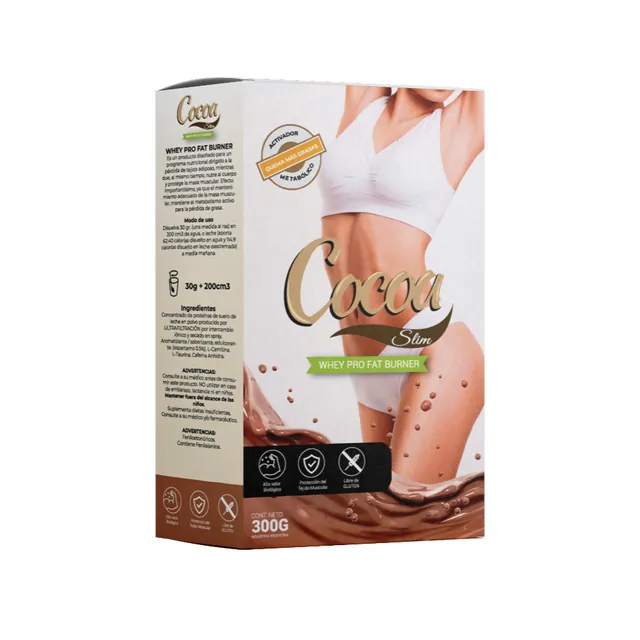 Envase de Cocoa Slim: se lee «Concentrado de proteínas de suero de leche en polvo», «edulcorante (aspartamo 0,5%)», «L-Carnitina», «L-Taurina», «Cafeína Anhidra», «Contiene Fenilalanina», «30g + 200cm3», «CONT. NETO 300G», «INDUSTRIA ARGENTINA»