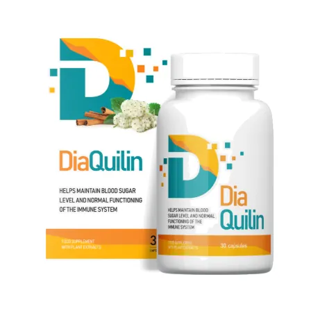 DiaQuilin caps csomagolása, rajta: „FOOD SUPPLEMENT WITH PLANT EXTRACTS”, „30 capsules”