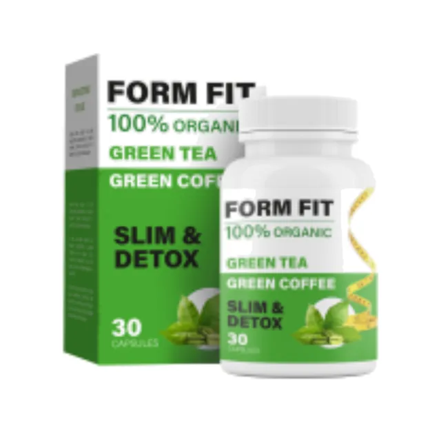 عبوة FormFit: مكتوب عليها «GREEN TEA»، «GREEN COFFEE»، «30 CAPSULES»