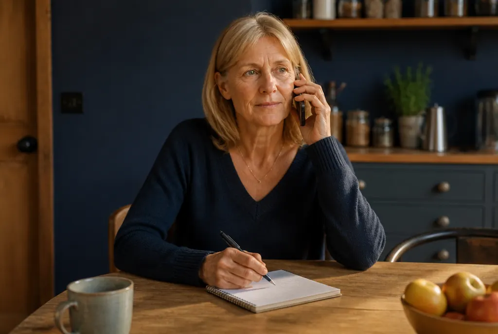 Femme au téléphone à la table de sa cuisine