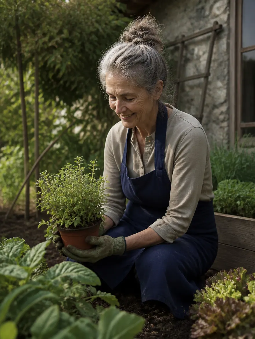 Femme d’une soixantaine d’années jardinant dans un potager