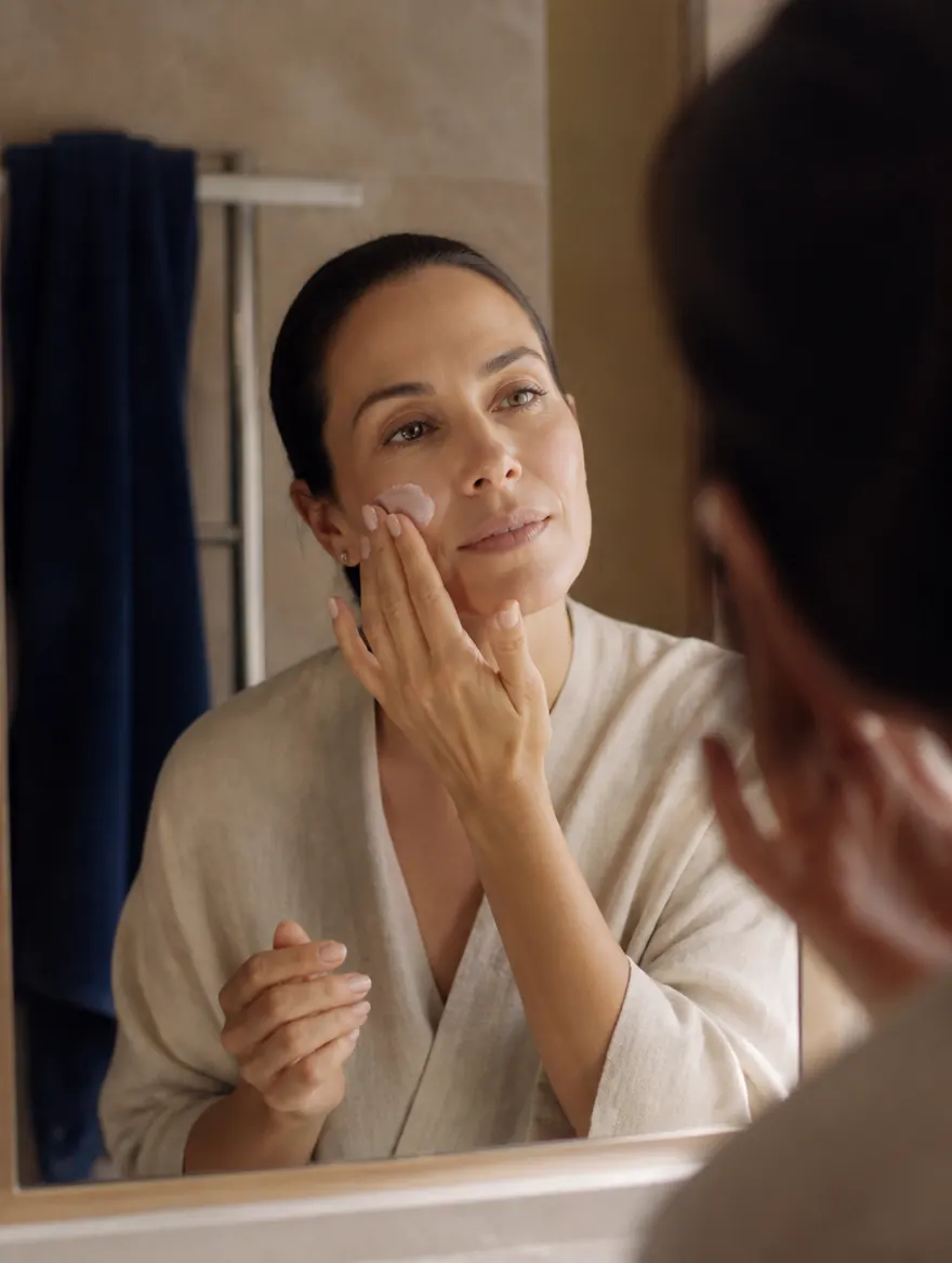 Femme d’une quarantaine d’années appliquant une crème sur sa joue devant un miroir