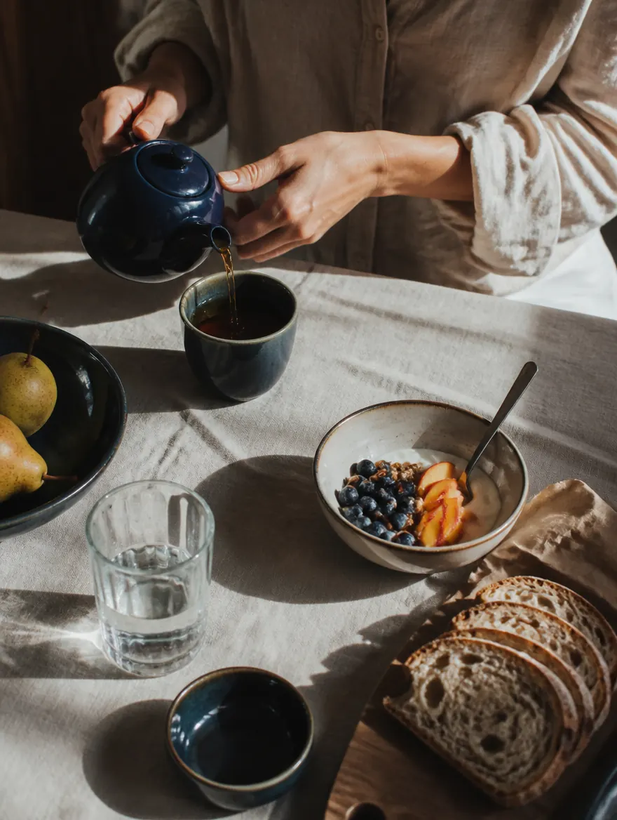 Mesa de desayuno con yogur, fruta y té