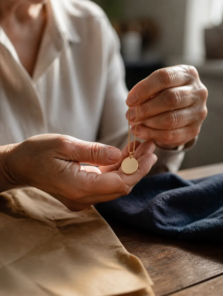 Mains d’une femme âgée tenant un petit pendentif doré au-dessus d’une table en bois