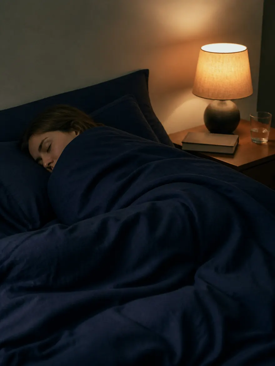 Bilik tidur yang tenang pada waktu senja, lampu sisi katil menyala